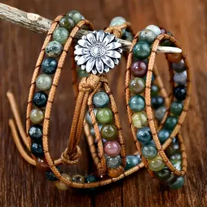 Boho Bohemian Healing Natural Stone Wrap Bracelets 5 Layers Prolong Leather Adjustable Tree Charm Beaded Jewelry with Premium Material and Adjustable Design
