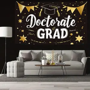 1pc Doctorate Graduation Banner - Golden & Black Celebration Backdrop with Diploma & Star Design, Polyester, Indoor/Outdoor Party Decoration for Home, Room, or Garden, Graduation Party Decor | Elegant Backdrop Ornaments