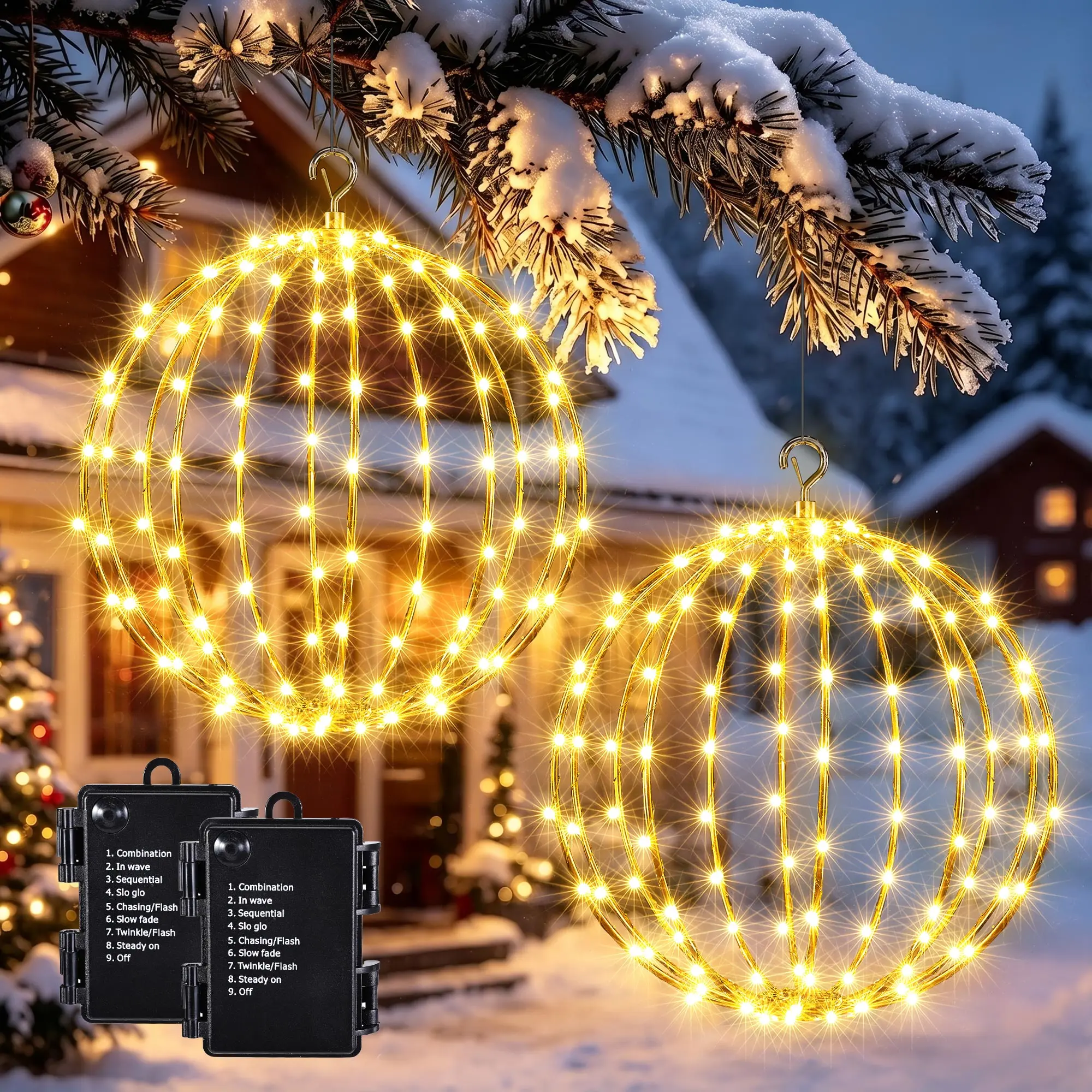 FLACCHI 2 Pack 12-Inch 120 LED Hanging Ball Lights, Battery Operated Foldable Globe Fairy Lights with 8 Modes, Timer & Memory for Christmas, Garden, Patio & Wedding Decor