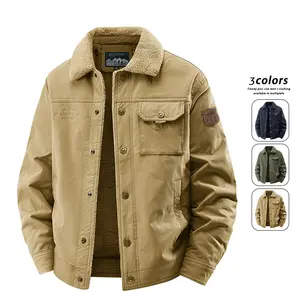Men's autumn and winter wool lined work shirt jacket, durable military green beige long sleeved solid color jacket, suitable for outdoor exploration