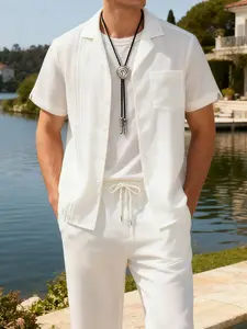 Men's White 2PCSLoungewear Set, Pajama, Pjs - Short-Sleeve Lapel Shirt (Vertical Pleats + Chest Pocket) + Matching Drawstring Pants, Ultra-Soft Lightweight Breathable Fabric, Oversize Fit, Perfect for Home Lounging, Casual Indoor Activities