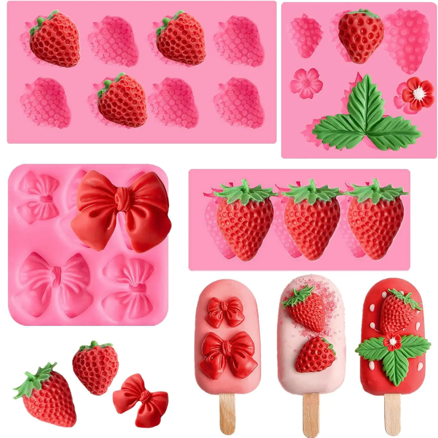 4PCS Food Grade Silicone Baking Molds - Strawberry, Bow Shapes, Flexible Silicone Mold for Cake Decorating, Cupcake Toppers, Candy Making, Candle Making, Baking Supplies, Flexibility
