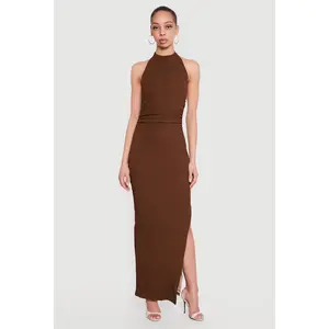 Textured Knit Ruched Side Halter Maxi Dress