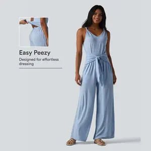 Halara V Neck Sleeveless Tie Front Wide Leg Casual Jumpsuit with Pockets-Easy Peezy Edition