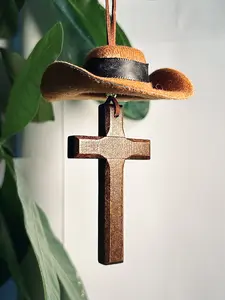 Wooden Cross Cowboy Hat Car Hanging Decor – Western Style Christian Gift