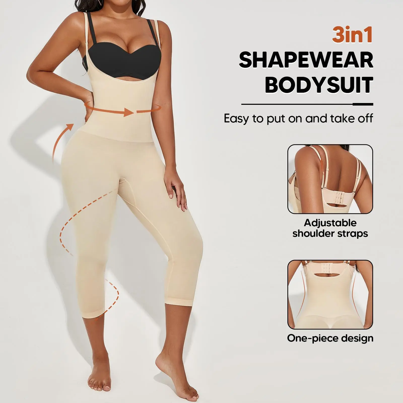 SUPRENX Women's Seamless 3-in-1 Dream Fabric Compression Shapewear Jumpsuit - 1-Piece Design, Tummy Control, Butt Lift, Adjustable Strap Capris, Casual, Birthday, Wedding Occasions