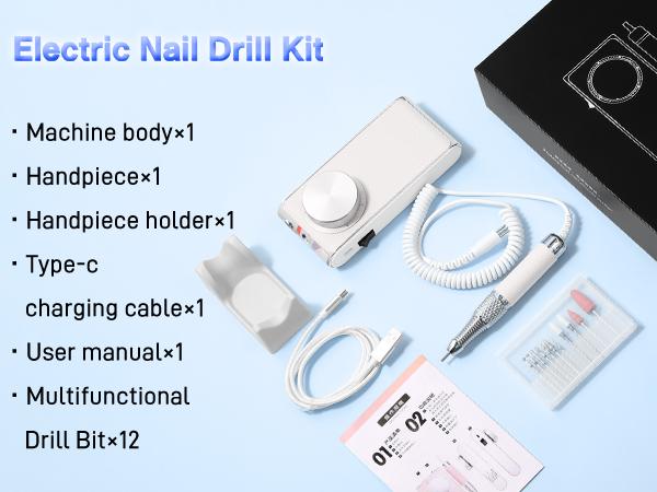 Electric Nail Drill 30000 RPM Brushless Motor, Rechargeable Professional Nail File with Battery & LED Display, Quiet Low-Vibration Nail Drill with 12 Bits for Manicure & Pedicure
