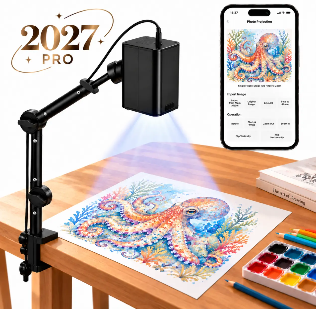 Digital Art Drawing Projector for Tracing, 2027 Pro  Wireless iPhone & Android Mirroring, No App Required, Dual-Band WiFi, Adjustable Focus for Murals, Canvas, Clothing & Crafts