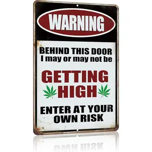 Vintage Marijuana Metal Tin Sign - Funny Weed Bathroom Sign, Vintage Plaque Decor, Stoner Man Cave Room Decoration, 12x8 In Warning Wall Art Gift - Behind This Door I May Be Getting High, Enter At Your Own Risk