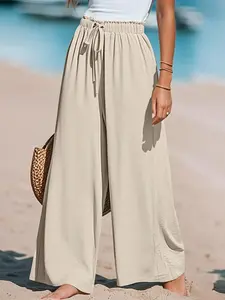 A women's high-waisted drawstring design style casual beige elastic waist women's wide-leg pants, suitable for autumn and winter, suitable for seaside vacation style, daily casual style and other styles, Casual bohemian trousers