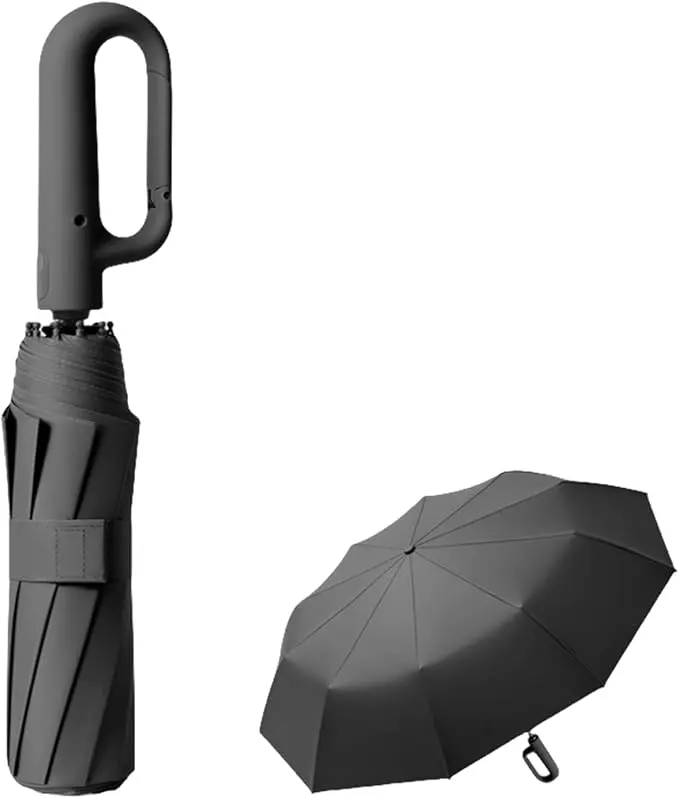 Travel Folding Golf Umbrella, 10-Rib Automatic Open Close Compact Portable Umbrella, Lightweight Windproof Sun Rain Umbrella, UPF 50+ UV Protection, Carabiner Handle, Outdoor Backpack Car Travel, Halloween Christmas Gifts for Men Women