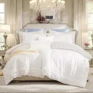 Ruffle Comforter Queen White Tufted Bedding 5 Pcs Set Leaf Bed Comforter Farmhouse Style Luxury Ruffled Set for All Season
