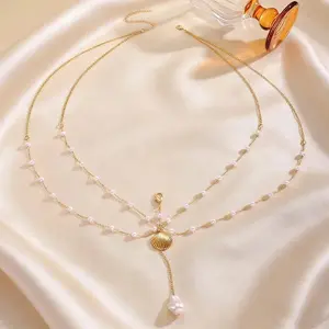 Sexy Imitation Pearl Sun Pendant Chest Chain for Women Fashion Gold Color Starfish Shell Multi Layer Tassel Chest Chain Jewelry