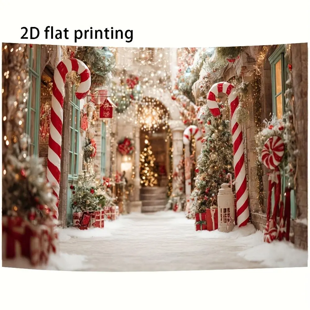 1pc Durable Soft Fabric Christmas Photo Backdrop Roll - 2D Flat Printing, Pastel Mint Green-Red Stripes, Snowy Arch, Twinkling Lights, Winter Candy Cane Lane, Glam Design - Home Party Photo Shoot Decoration, DSLR-Compatible Textile Backdrop