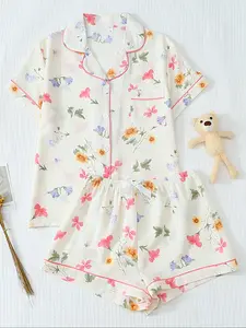 Women's Floral Print Shirt & Shorts Pajama Two-piece Set, Matching Pj Set, Casual Comfy Short Sleeve Top & Shorts Pajama Set, Ladies Summer Sleepwear, Pyjamas, Printed Pajama Set