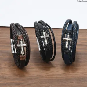Vintage Multi-Layer Braided Cross Leather Bracelet, Punk Rock Style Magnetic Clasp Wristband, Religious Christian Jewelry Gift For Men summervibes,summerwins