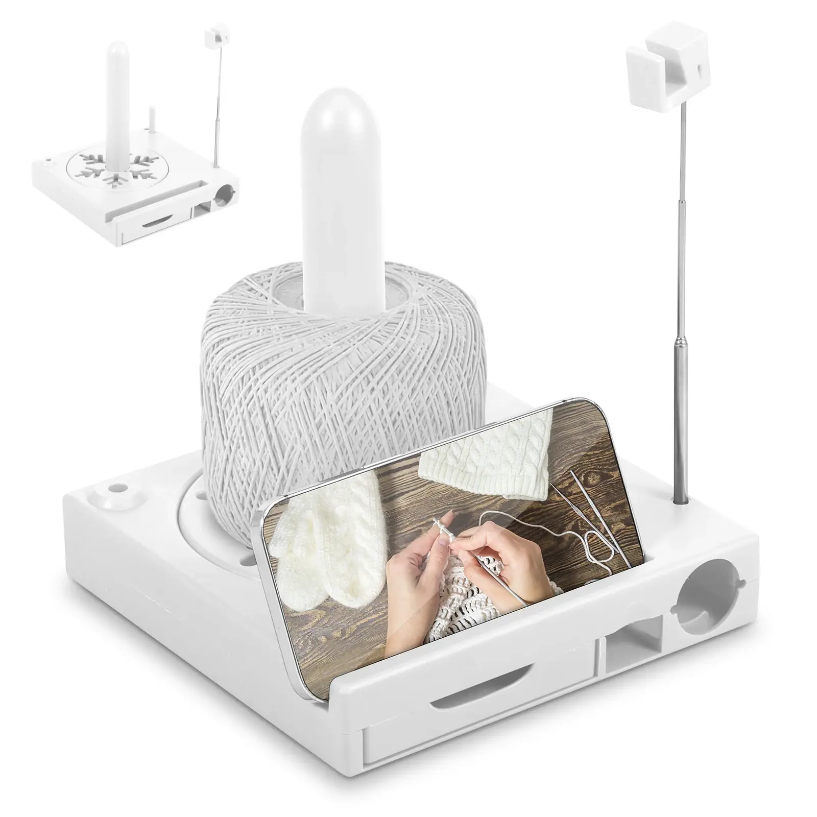 Versatile Yarn Spool Box Portable Crochet Caddy Yarn Organizer Spool Box with Bottom Drawer & Phone Stand for Knitting Lovers NONE