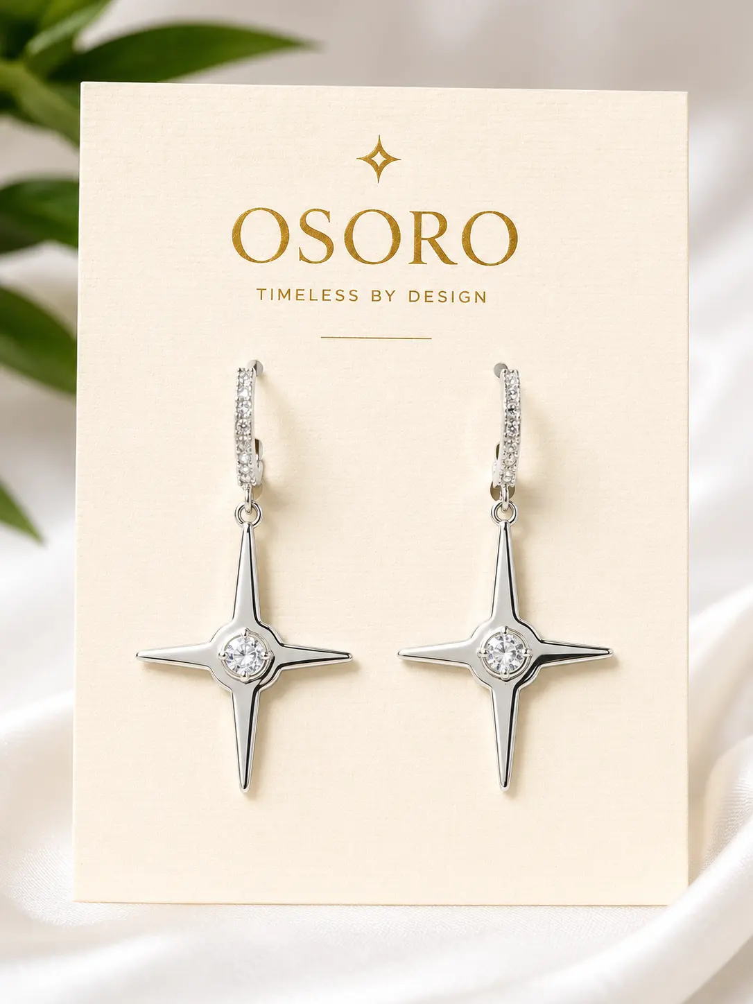 Silver North Star Drop Earrings with Cubic Zirconia