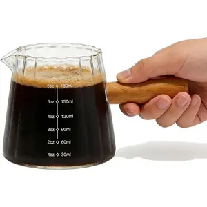 6 oz Espresso Cups With Wood Handle, Espresso Accessories, Ribbed Milk Frothing Pitcher, Glass Measuring Cup, Shot Glass with V-Shaped Mouth, Coffee Bar Espresso Shots Cup