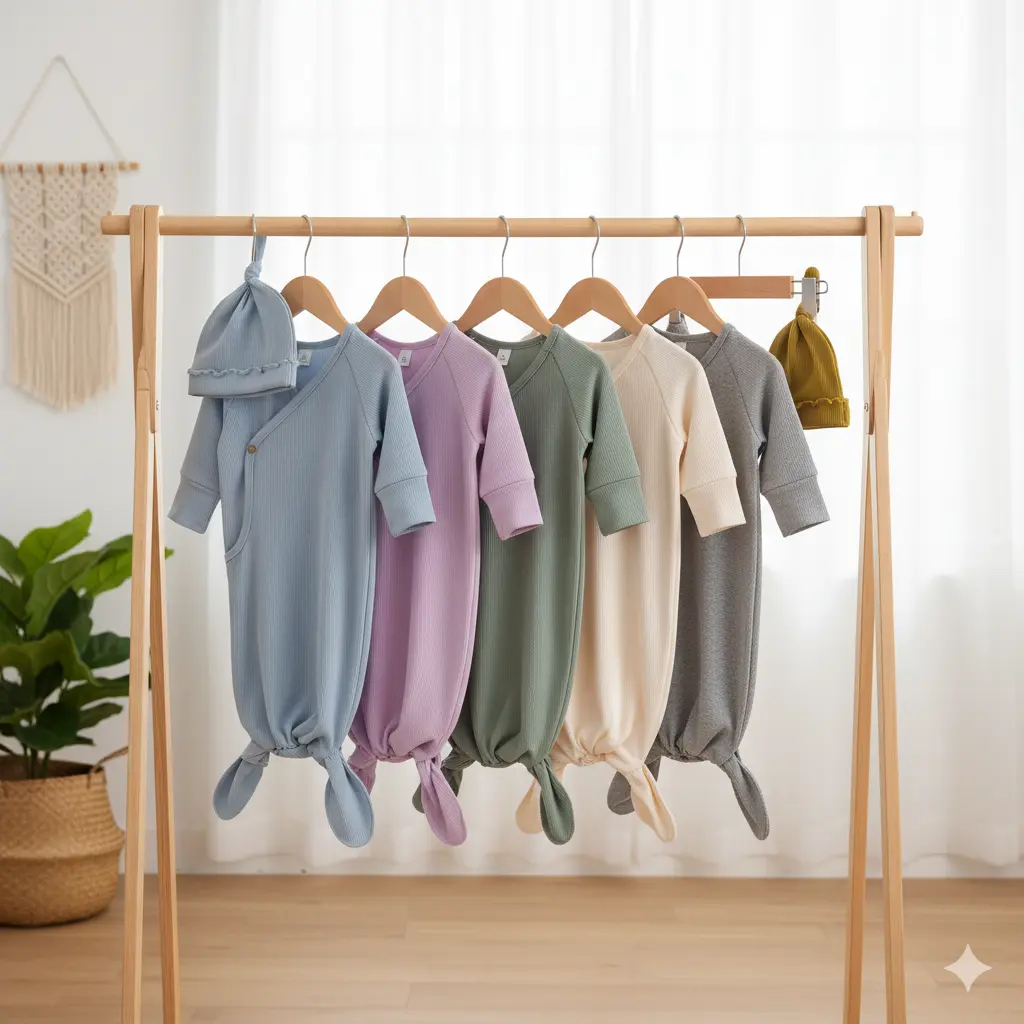 Newborn Gown and Hat Set, 2-Piece Unisex Baby Items, Cozy Solid Cotton Long Sleeve Sleeping Gown for Coming Home Outfit & Photography, Indoor Sleepwear, Infant Pajamas, Sleepwear Outfits, Newborn Clothes, Premium Soft Sleepwear