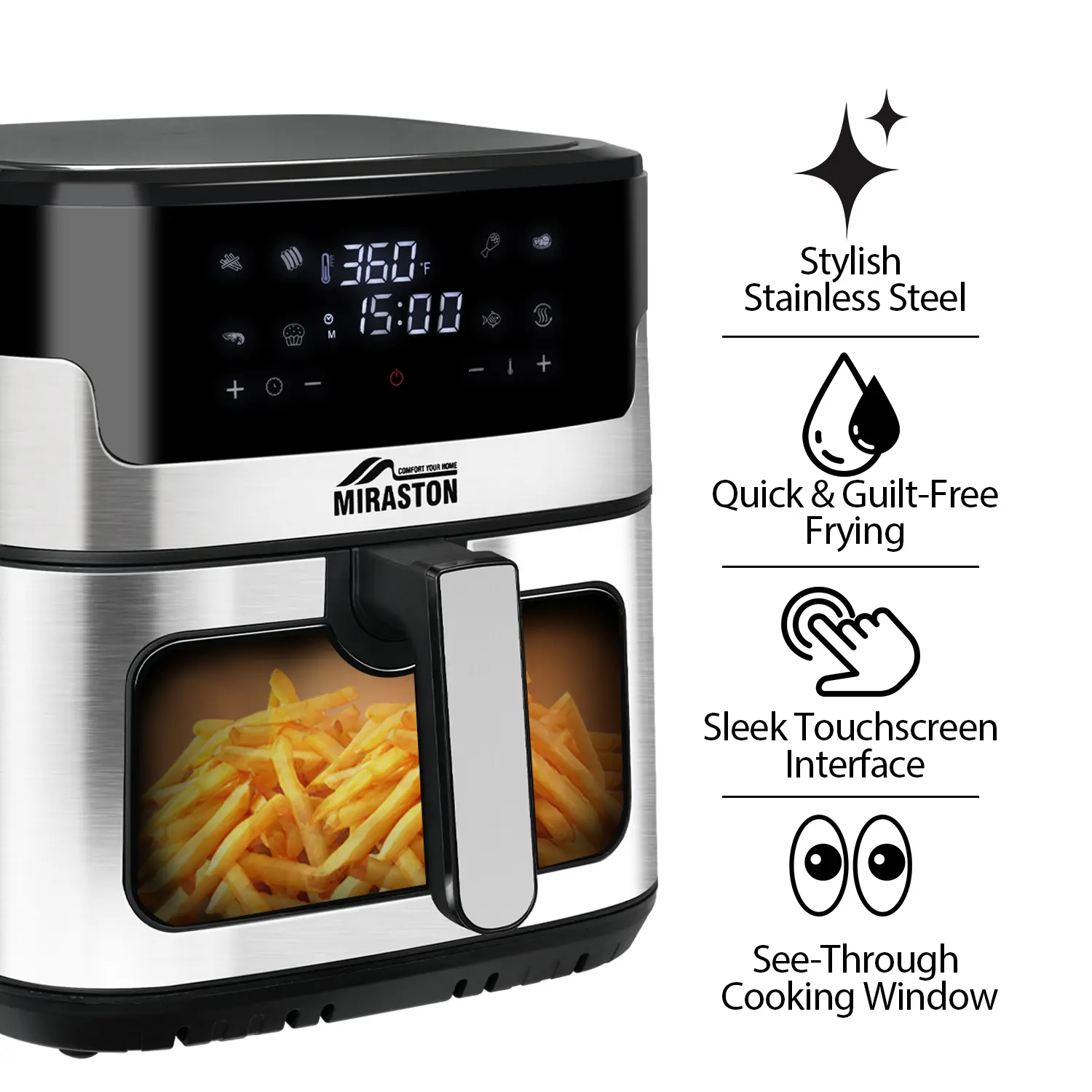 MIRASTON 8.5QT Large Capacity Smart Air Fryer, Digital Touchscreen, 8 Cooking Presets, Durable Stainless Steel, Visible Cooking Window, Nonstick Basket, SS304, 1500W