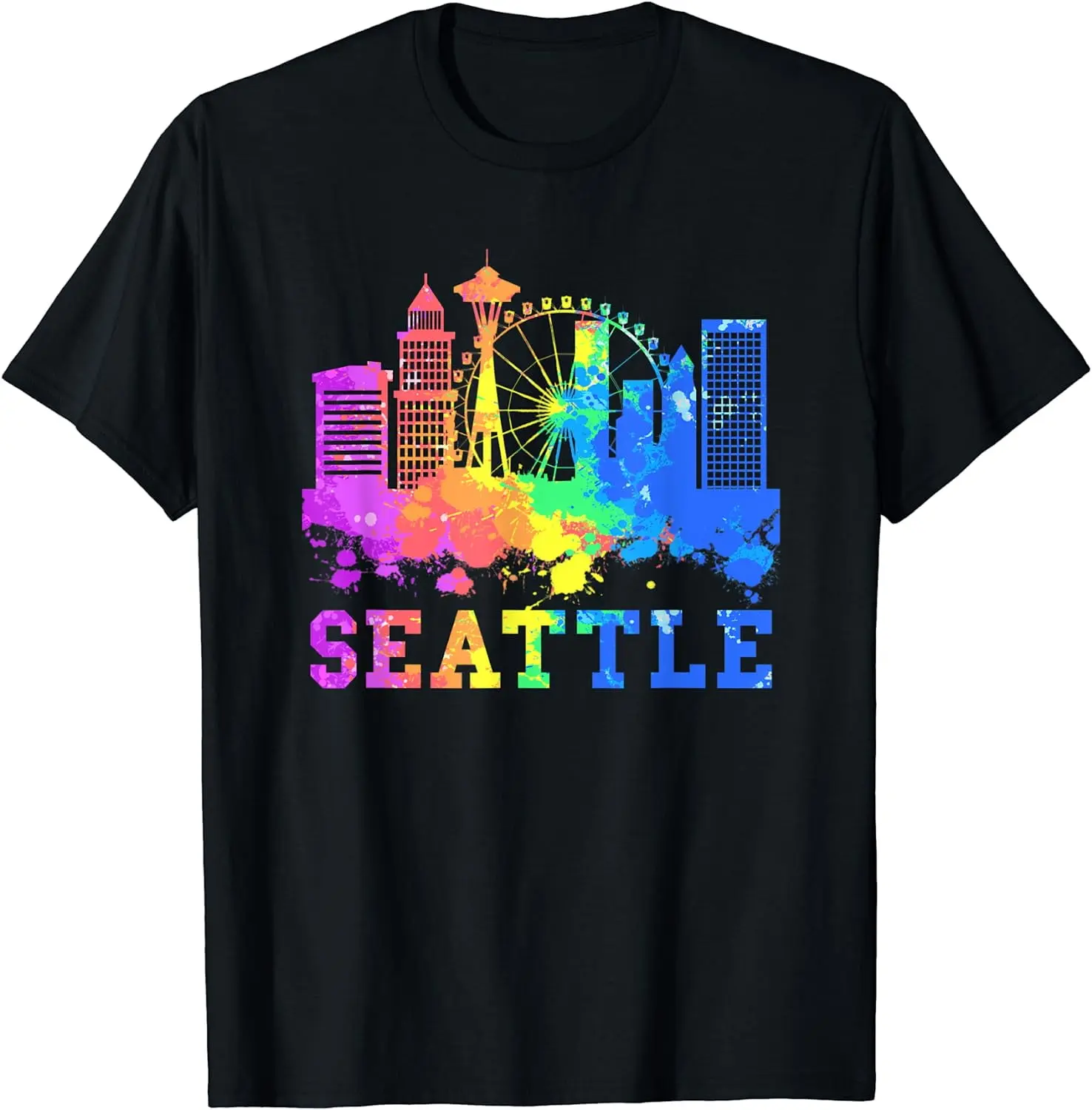 Seattle Washington Skyline Watercolor Souvenir Seattle Summer Casual Shortsleeve Cotton T-Shirt