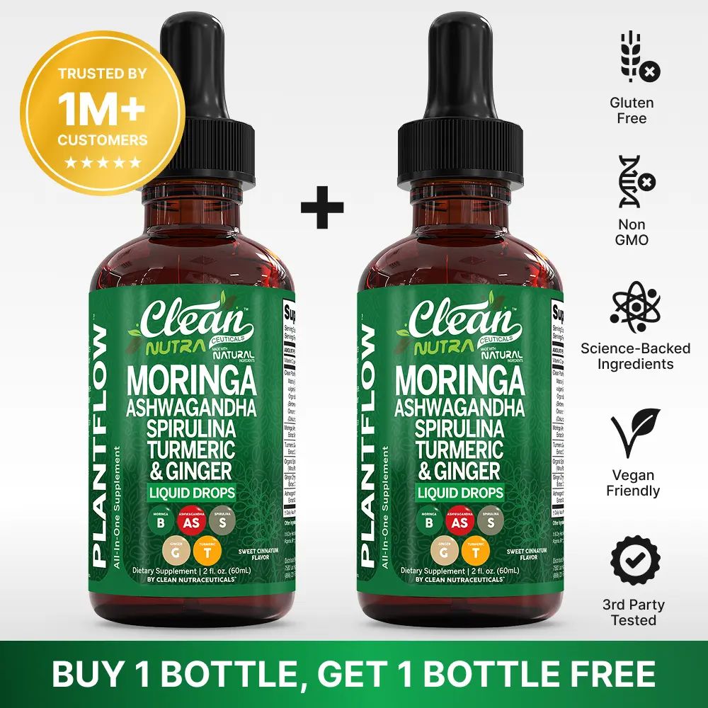 Clean Nutra BOGO | Moringa, Ashwagandha, Spirulina, Turmeric & Ginger for Energy, Lactation & Daily Wellness Supplement Liquid Drops – Plantflow