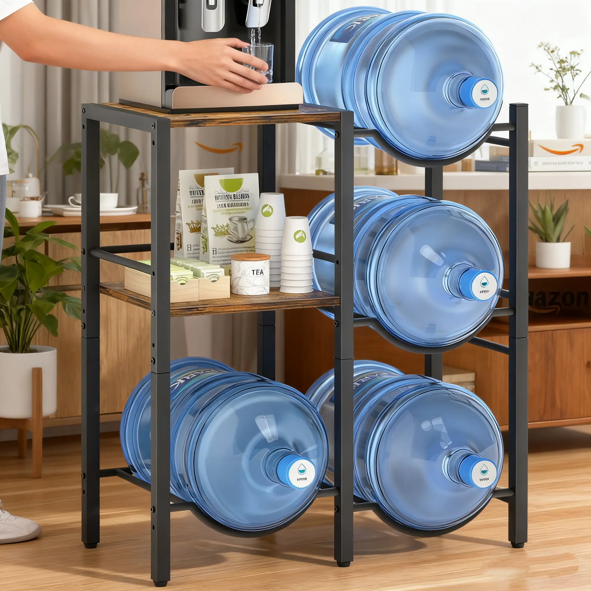 5 Gal Water Jug Holder Stand, Heavy-Duty Adjustable Storage Rack with Rustic Brown Wood Shelves, 300LBS Capacity Organizer for Home & Office