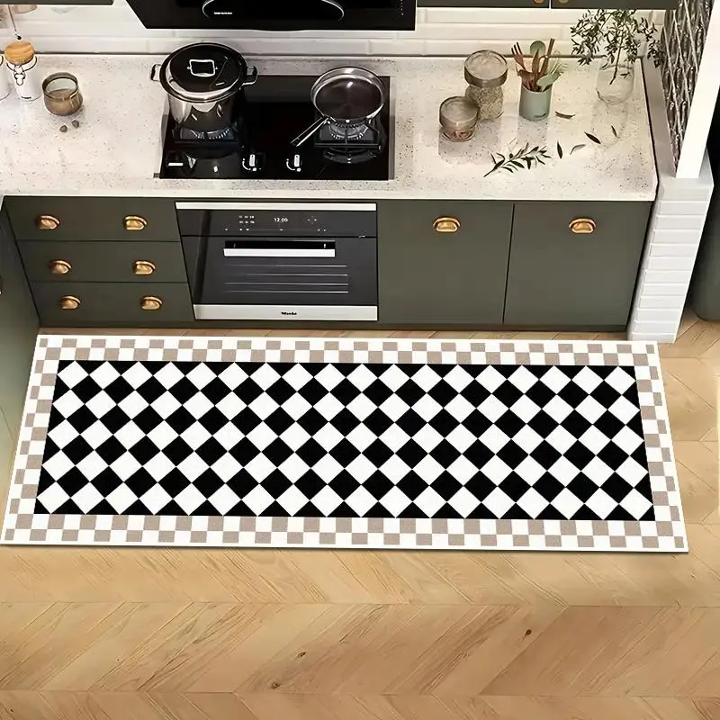 Modern Chessboard Design Long Kitchen Rug Mat, Creative Art Fashion Trendy Luxurious Washable Non-Slip Easy Clean Plush Carpet, Checkered Area Rug, Machine Washable Rugs