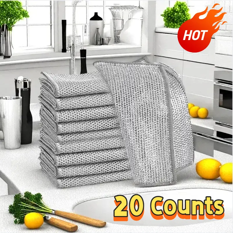 20 PCS Mesh Metal Wire Dishcloth Set - Upgraded Double-Layer Scrubber Pads, Non-Scratch Resistant, Durable, Easy-to-Clean, Reusable, Quick-Dry, Odor-Free for Kitchen Dishes, Pans, Sink (10 Counts Inclusive)