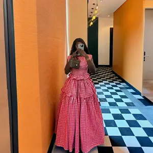 Women's Elegant Red Check Gingham Dress - Smocked, Lightweight, Breathable Casual Clothes with Ruffled Hem, Tiered Skirt, Statement Design
