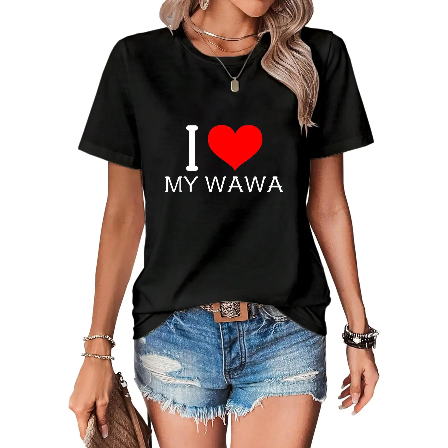 Women's Fashion Fitted 100% Cotton Short Sleeve Crew Neck Graphic T-Shirt - Cute I Heart My Wawa Letter Print, Large Size, for Everyday Wear, Streetwear