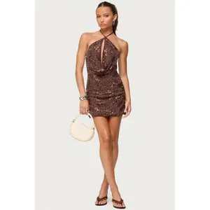 Beaded Cowl Neck Halter Mini Dress