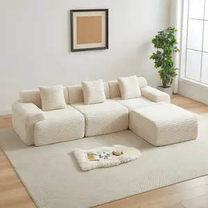 114 Inch Oversized Corduroy Modular Sectional Sofa Cloud Couch, Boneless Frame-less Inlaid Structural Design with 4 Freely Configurable Modules, Extra Wide Backrest, 3 Plush Throw Pillows, Modern Upholstered Deep Seat Living Room and Apartment Furniture