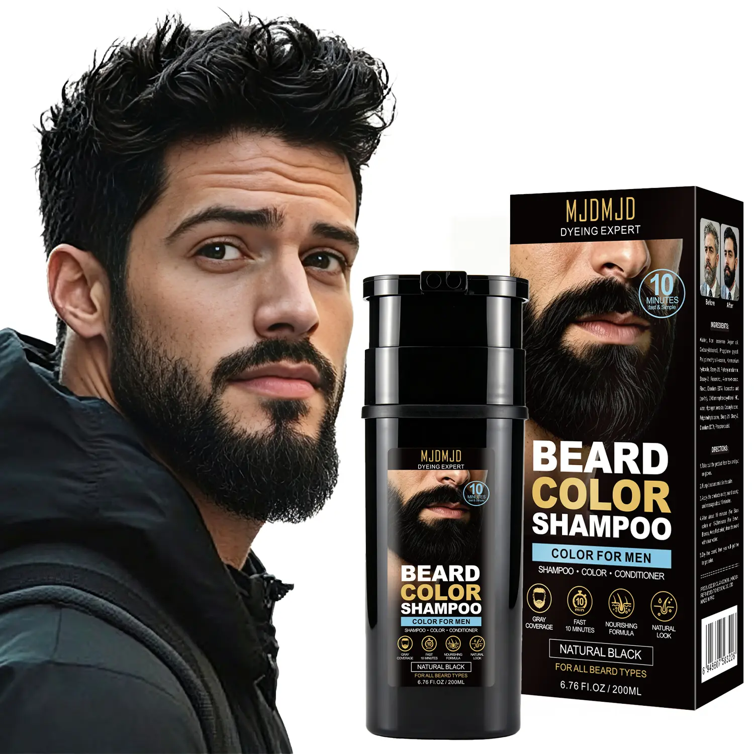 Men’s Beard & Mustache Dye Shampoo, 10-Minute Black Hair Color for Gray Coverage, No-Mix Formula, Natural-Looking Color, Quick Gray Root Touch Up for Men, 6.76 Fl Oz