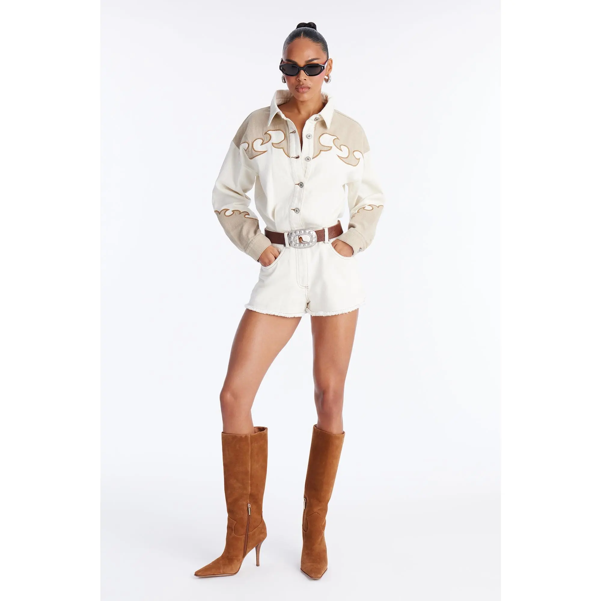 Wild West Way Denim Romper - Cream