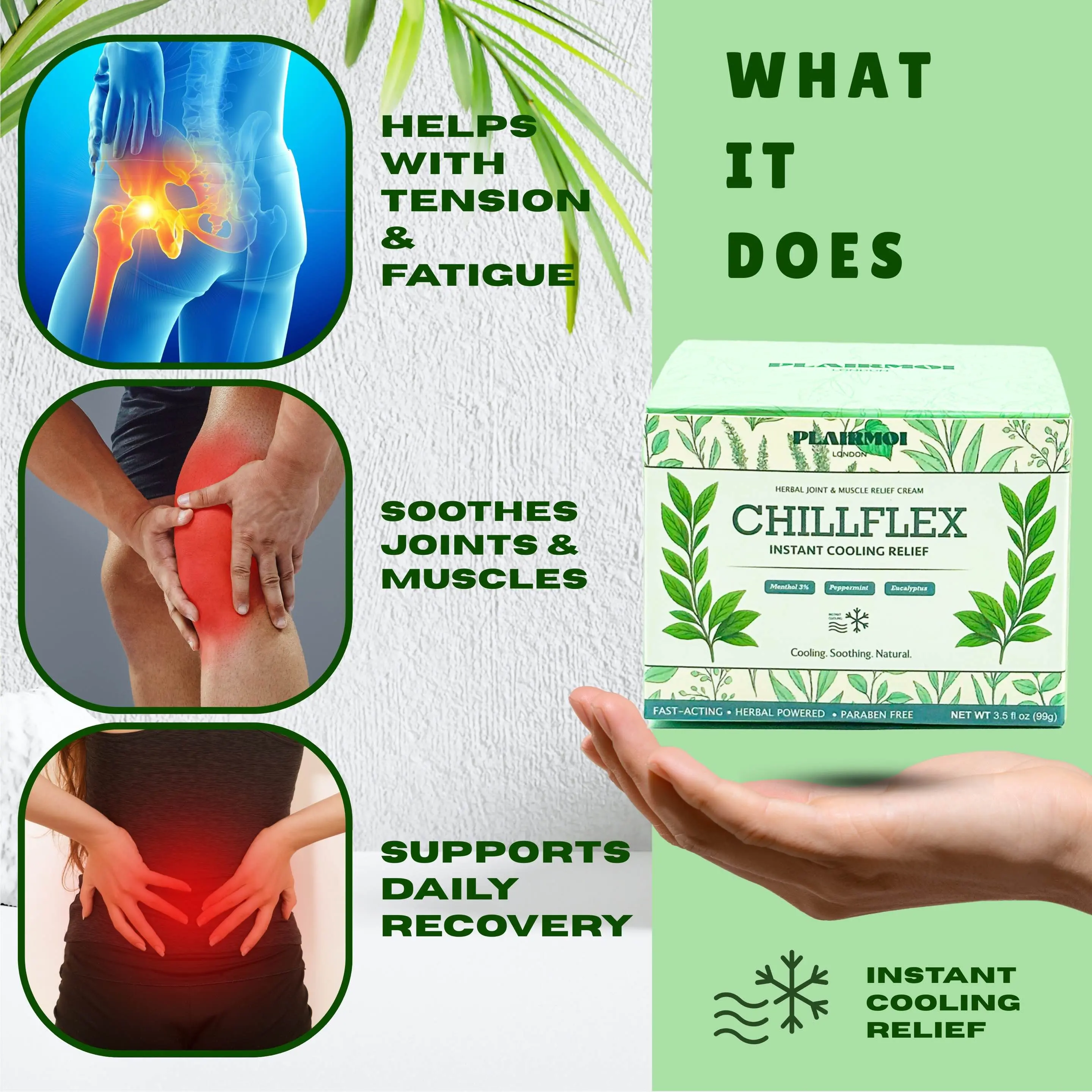 PLAIRMOI 3% Menthol Pain Relief Balm 100g – Cooling Ointment for Aches, Joints, Headaches | Bálsamo Calmante para Dolores Musculares y Articulaciones-V2