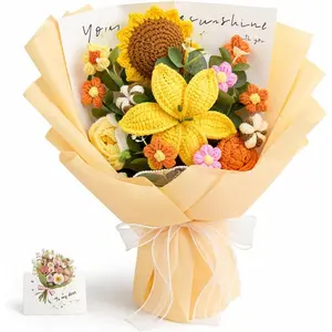 Flowers,Yellow Flower Bouquet with 14 Knitted Flowers Roses & Lily, Forever Bouquet Mother's Day Graduation, for Mom/Granny,Include Gift Card