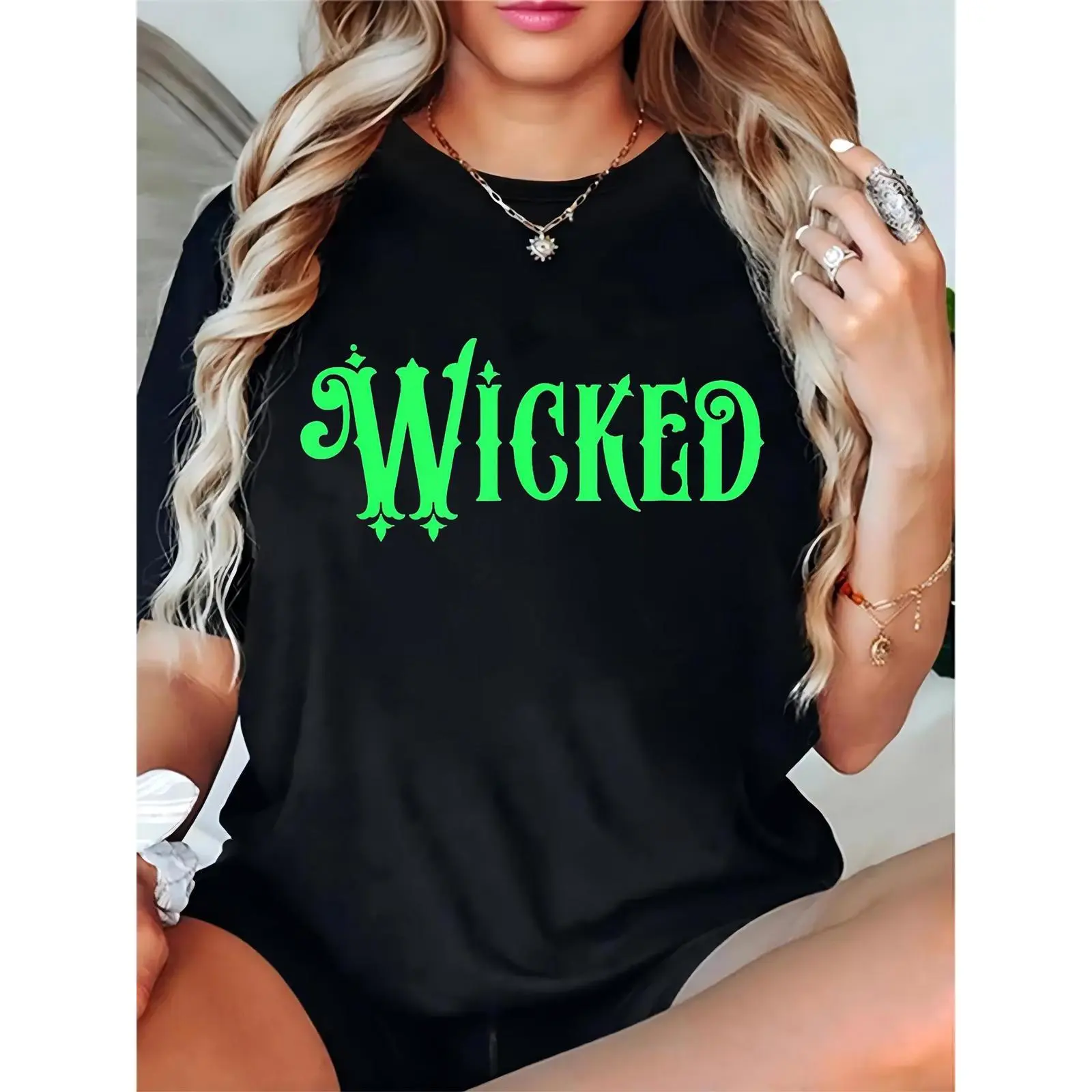 Women’s Halloween WICKED Graphic T-Shirt | Black with Green Gothic Lettering, Casual Party Cosplay Outfit, Comfortable, Shortsleeve, Essential, Prints, Elegant, Top, Ladies, Feminine, Basic, Round Neck