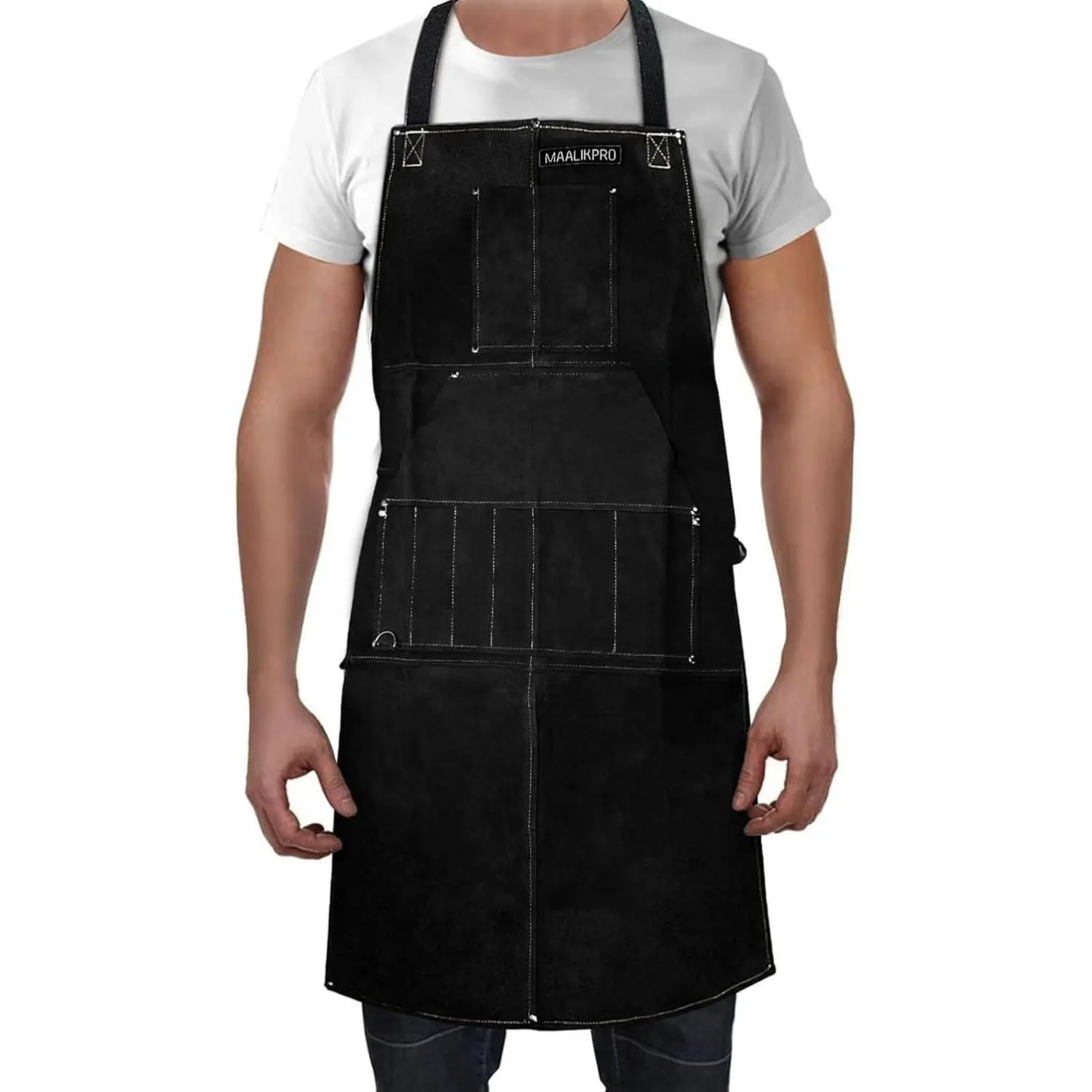 MaalikPro Leather Welding Apron, Heat & Flame Resistant Cowhide, Adjustable X-Back Straps with 9 tools pocket