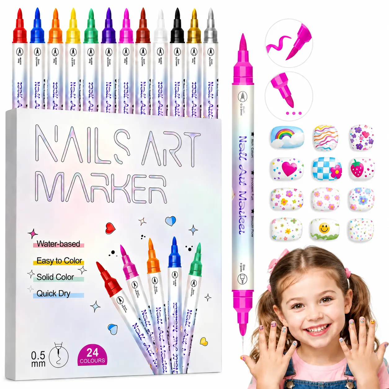 Dual Tip Nail Art Pens Set, 12 Colors Nail Design Markers with 0.5MM Fine Tip & Dotting Tool, Non-Toxic Quick Dry Nail Polish Pens for DIY Manicure