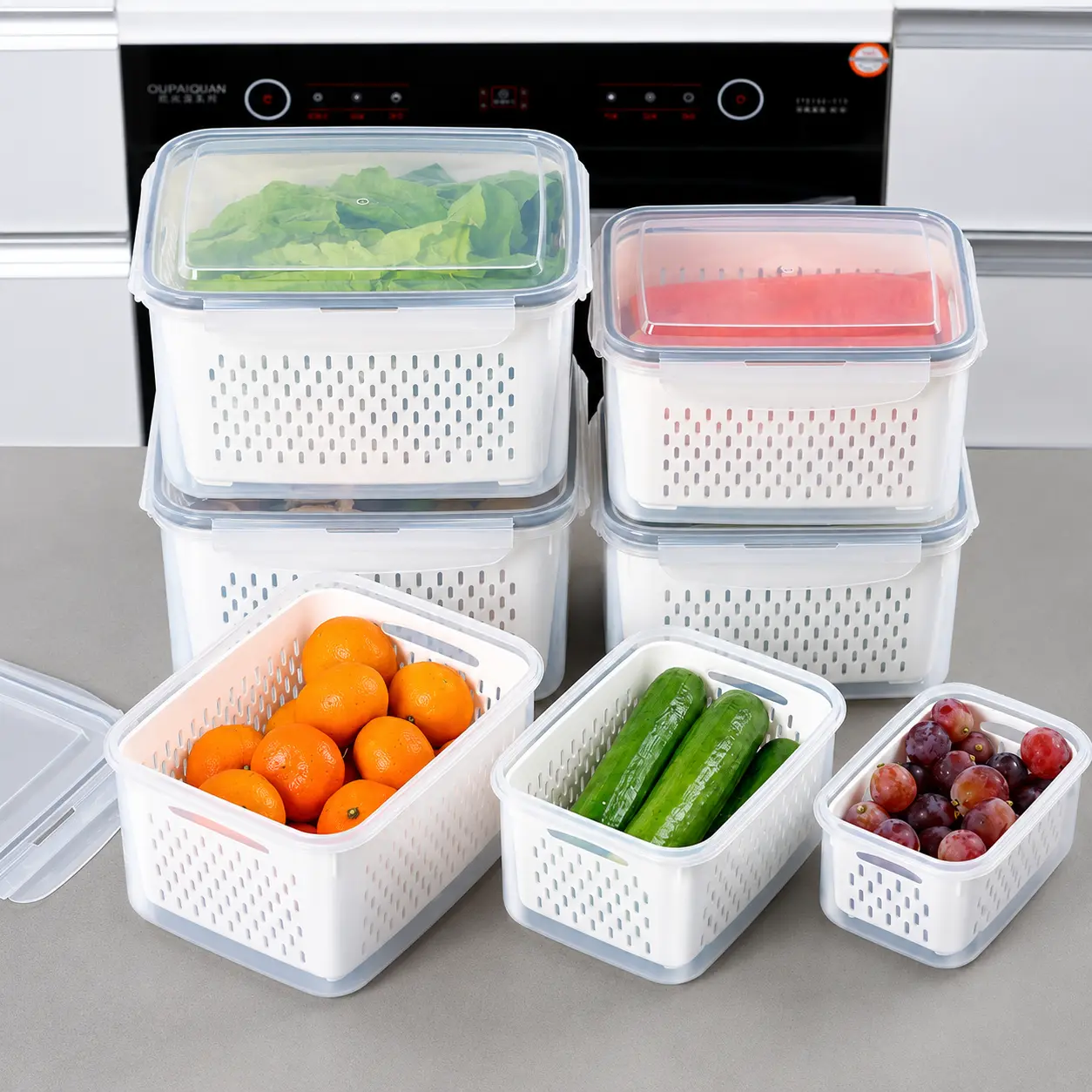 6-Pack Stackable Fridge Organizers with Removable Colander - BPA-Free Plastic Food Containers, Assortment Pack for Maintaining Freshness of Fruits, Salads, Berries, Lettuce, Vegetables, Meat, Maintains Freshness, Assortment Pack Food Containers