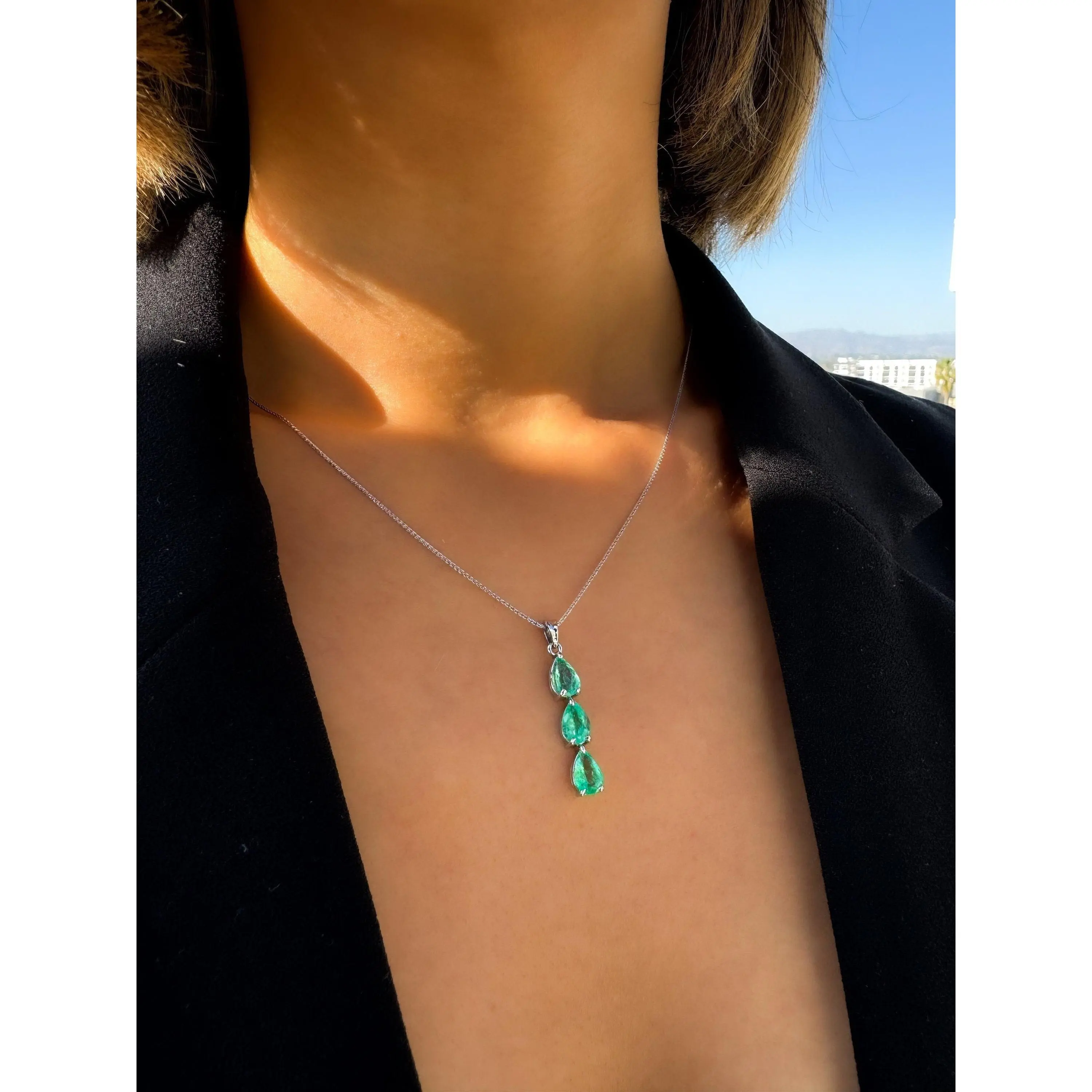 3 Stone Necklace, Natural Pear Shape Light Green Colombian Emerald in Solid Gold