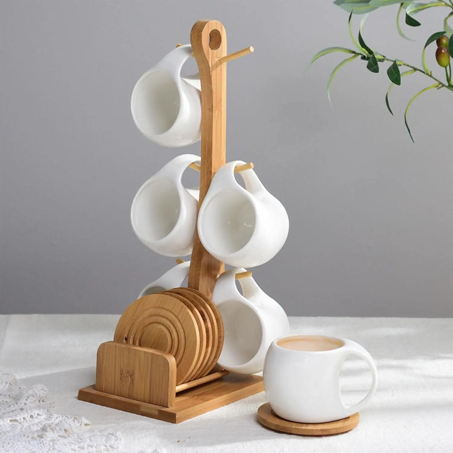 6 Piece White Ceramic Coffee Mug Set with Bamboo Mug Rack & Coasters, Countertop Cup Storage Holder for Kitchen Coffee Station Home Table Decor