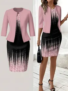 Women's Spring Summer Fall Knit Cardigan Top, Slim Waist & Print Design, Classic Straight Dress Set, Elegant Wedding Guest Gown