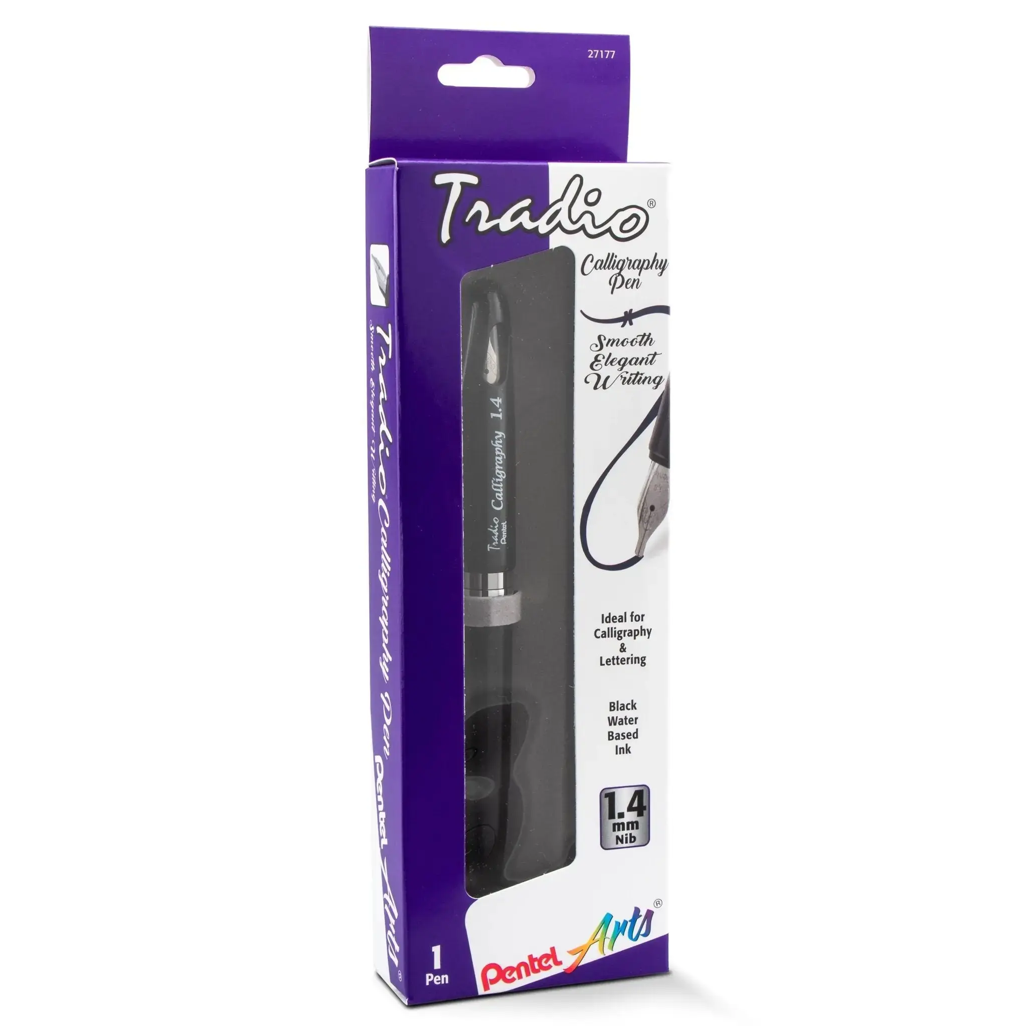 Pentel Tradio Calligraphy Pen - 1.4mm Water-Based Black Ink, Black Barrel, Quick Dry Smooth Writing Pen, Hanging Box Packaging, Office Stationery Writing & Correction Tool, Quick Dry Pens