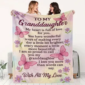 To My Granddaughter Gift Soft Cozy Flannel Blanket - Pink Butterfly Floral Love Letter Print Plush Throw, Warm Fuzzy Bedroom Sofa Blanket, Perfect Birthday Graduation Holiday Gift for Granddaughter from Grandma Grandpa Home Decor
