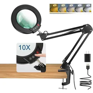 10X Magnifying Glass with Light and Clamp, Real Glass Stand Lighted Magnifier, 5 Color Modes Stepless Dimmable LED Desk Lamp Hands Free for Crafts Hobby Reading Painting Sewing Close Work