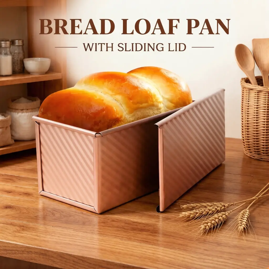 Pullman Loaf Pan with Lid, 1 lb Dough Capacity Non-Stick Bakeware for Baking Bread, Carbon Steel Corrugated Bread Toast Box Mold with Cover for Baking Bread, Gold