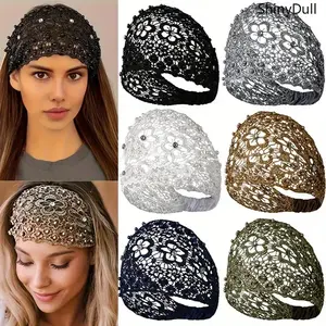 6PCS Bohemian Floral Lace Headband - Vintage Beaded Wide Hair Band for Women